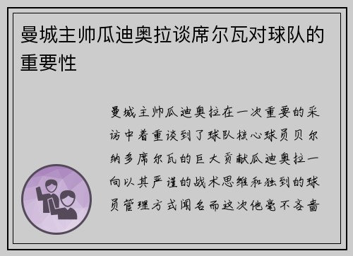 曼城主帅瓜迪奥拉谈席尔瓦对球队的重要性